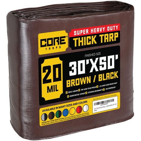 CORE TARPS 50 ft L x 0.5 mm H x 30 ft W Heavy Duty 20 Mil Tarp, Brown/Black, Polyethylene CT-702-30X50